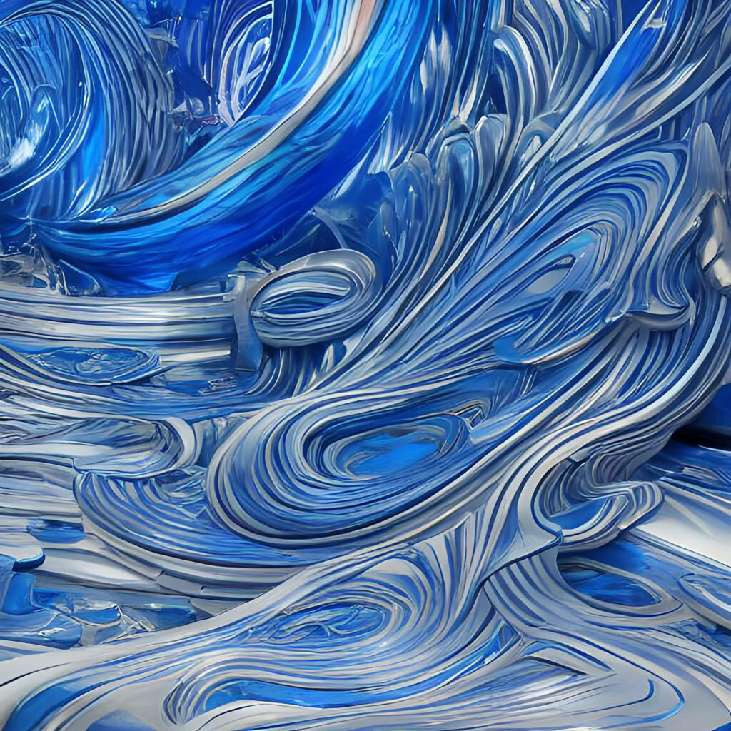 doumorh-elriz-royah-aigenerated A close-up of AI-generated image in shades of blue and silver, featuring swirling, fluid shapes and dynamic lines that create a sense of depth and movement. The intricate textures and reflections add complexity and intrigue to the composition.